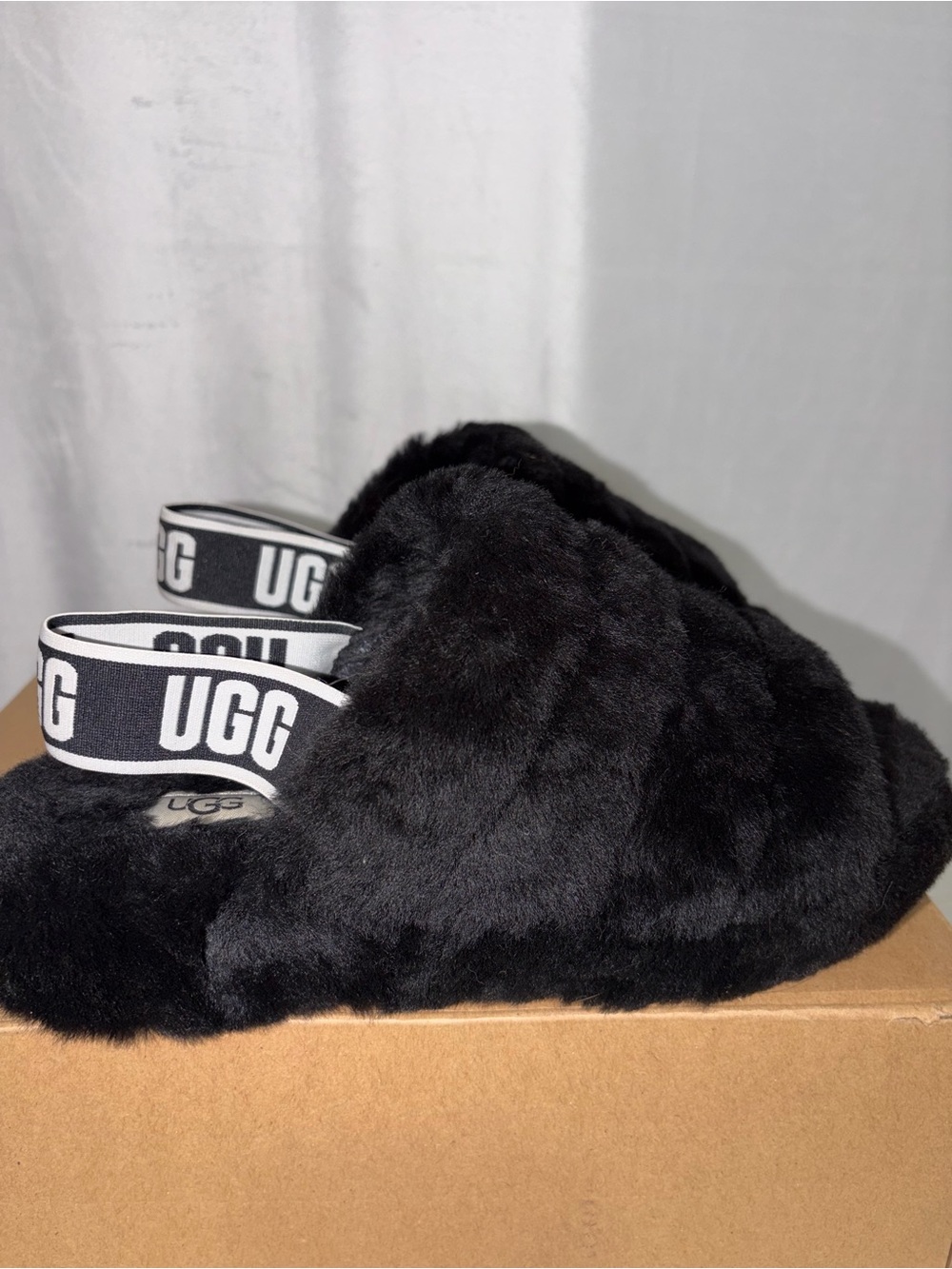 UGG Black Plush Slide with Branded Elastic Sling